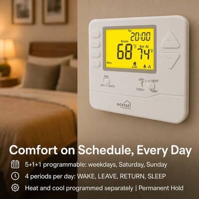 Heagstat 24V 2 Heat 1 Cool Adjustable Programmable Home Thermostat For Heat Pump