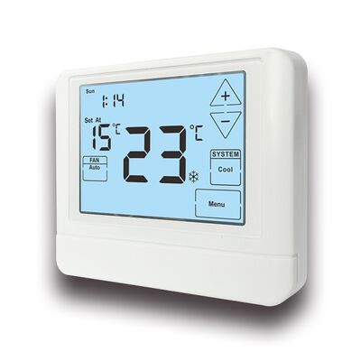 Màn hình cảm ứng phòng điện tử thông thường 24V Thermostat có thể lập trình Kích thước vật lý 120mm W 98mm H 27mm D và Phạm vi nhiệt độ 32°F đến 99°F