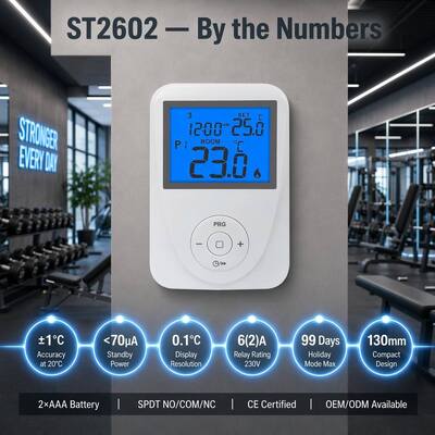 Độ chính xác đo nhiệt độ ±1°C ở 20°C Bộ điều nhiệt lập trình phòng sưởi sàn có màn hình Hiển thị Dải nhiệt độ 0°C 40°C với gia số 0.1°C và Dòng chờ Đèn hiện tại ≤ 7mA