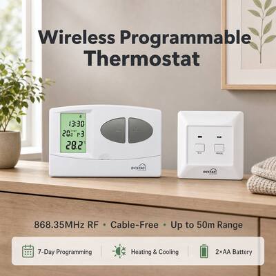 Thermostat phòng 7 ngày không dây thông thường hoặc nồi hơi có kích thước máy thu nhỏ 86 X 86 X 26 mm và tiêu thụ điện 6W