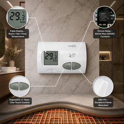Gắn trên tường hoặc hộp nối, có thể điều chỉnh, cho bình đun 230V, bộ điều nhiệt đơn giản với cảm biến NTC, cung cấp khả năng điều chỉnh nhiệt ổn định và làm nóng vượt trội