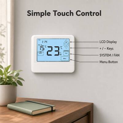24V thermostat bơm nhiệt có dây có thể lập trình cung cấp 5 phút bảo vệ chậm máy nén được thiết kế cho lập lịch HVAC