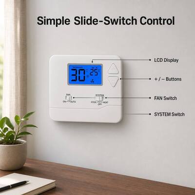 Bộ điều nhiệt phòng có dây bằng vật liệu ABS Riseem với độ chính xác ±1C và chế độ điều khiển Thủ công/Tự động