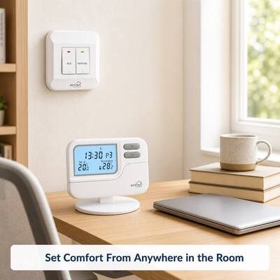 Khoảng nhiệt độ từ 0°C đến 35°C với gia số 0.1°C. Bộ điều nhiệt RF cho lò sưởi trong 7 ngày, có màn hình LCD, lý tưởng cho các hệ thống quản lý năng lượng.