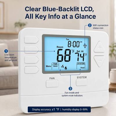 Riseem điều hòa không khí thông minh WIFI kỹ thuật số có thể lập trình Alexa Nhà nhiệt điều hòa HVAC STN705W 24V ABS trắng