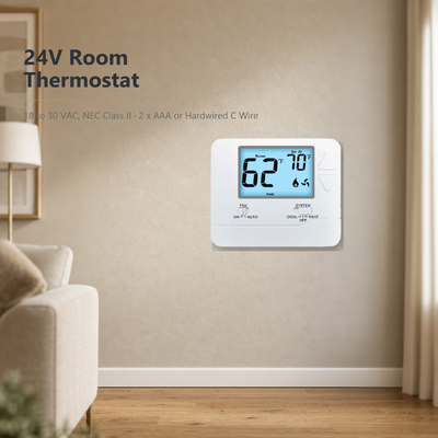Nguồn điện 24V hoặc Pin Kích thước vật lý 4,72 R x 3,85 C x 1,06 S Màn hình LCD Bộ điều nhiệt không lập trình cho Hệ thống sưởi/làm mát thông thường 1 giai đoạn nhiệt 1 giai đoạn làm mát