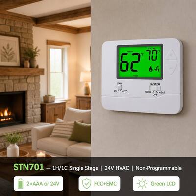 Bộ điều nhiệt HVAC 24V kỹ thuật số không lập trình cho nhà ở, thiết kế đầu cuối C, phù hợp với ứng dụng thông thường, loại hệ thống sưởi ấm và làm mát