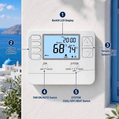 Bộ điều khiển nhiệt độ HVAC màn hình LCD lớn 24V, bộ điều nhiệt có dây, 7 ngày, 2 nóng, 2 lạnh, chạy bằng pin