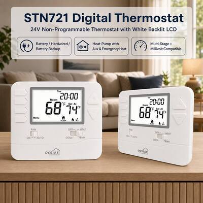 Bộ điều nhiệt HVAC có dây STN721 cho Máy bơm nhiệt thương mại 2 Nhiệt 1 Lạnh Màn hình LCD cho Gia đình và Khách sạn