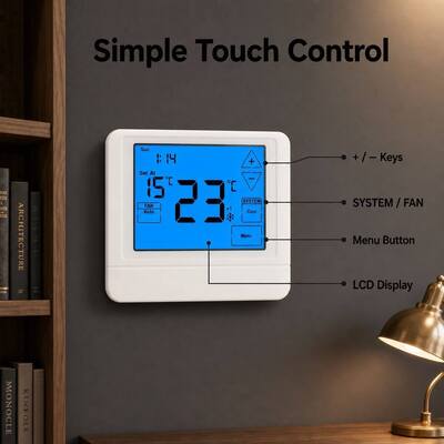 Bộ điều nhiệt có dây OEM/ODM cảm ứng LCD 24V cho bơm nhiệt, có thể lập trình, 4H/2C cho bơm nhiệt có hoặc không có bộ sưởi phụ hoặc khẩn cấp