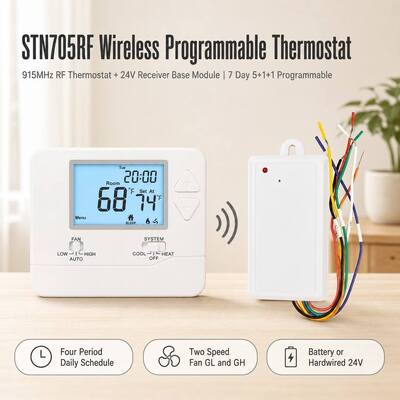 Bộ điều nhiệt có thể lập trình không dây PTAC RF 7 ngày cho bơm nhiệt hoặc bộ điều nhiệt thông thường 24V Tần số 915MHZ