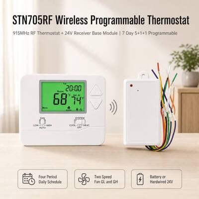 Bộ điều nhiệt có thể lập trình không dây PTAC 915MHZ cho phòng khách sạn, bảo vệ độ trễ máy nén 5 phút, 1 nhiệt, 1 mát