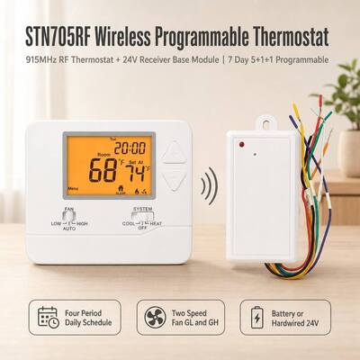 Bộ điều nhiệt RF không dây 7 ngày cho hệ thống HVAC, hoạt động bằng pin 24V hoặc pin, cho hệ thống sưởi và làm mát, 1 giai đoạn PTAC
